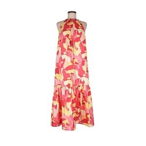 MING WANG Maxi Dress Size M‎ Pink Yellow Camo Halter Sleeveless Vacation